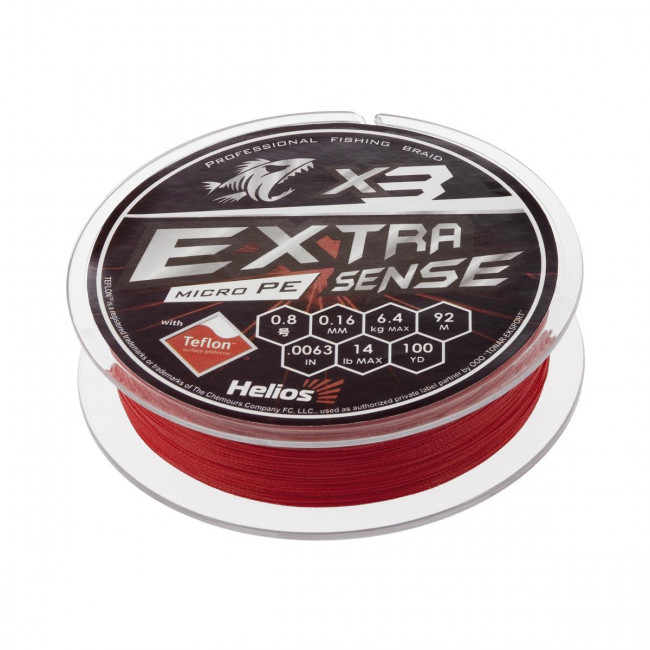 Шнур Extrasense X3 PE Red 92m 0.8 14LB 0.16mm (HS-ES-X3-0.8 14LB) Helios