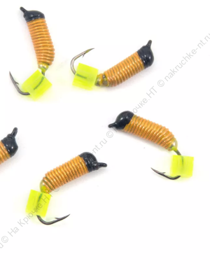 Мормышка вольф. безнасадочная "ЯМАН" Ручейник №3, d-1.5 мм, L-8.5 мм, вес 0,45 гр., фц. желтый кубик